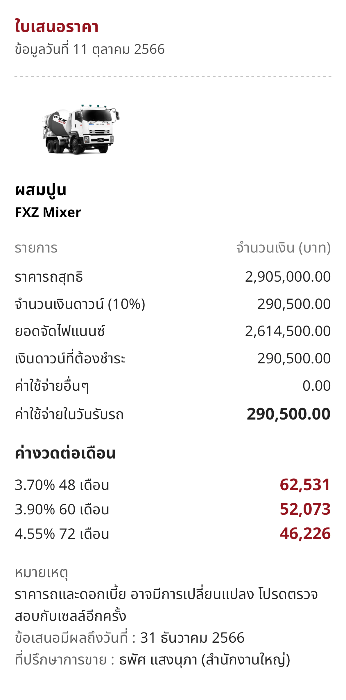 isuzu fxz mixer ตารางผ่อน